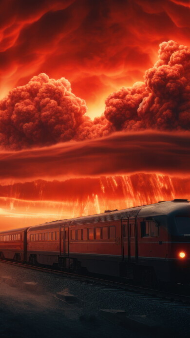 A mesmerizing 4K wallpaper unfolds an AI-generated masterpiece featuring a train racing through a crimson sky.