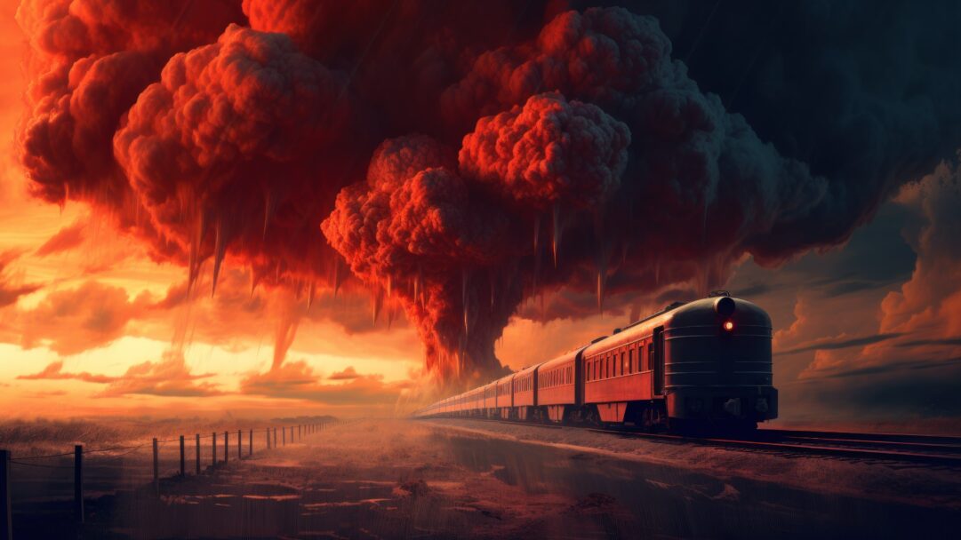 An intense 4K wallpaper featuring a red train speeding past a dramatic nuclear explosion. The vibrant red train juxtaposed against the fiery explosion creates a powerful visual narrative, evoking a sense of urgency and chaos.