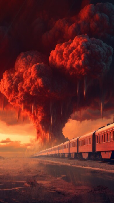 An intense 4K wallpaper featuring a red train speeding past a dramatic nuclear explosion. The vibrant red train juxtaposed against the fiery explosion creates a powerful visual narrative, evoking a sense of urgency and chaos.