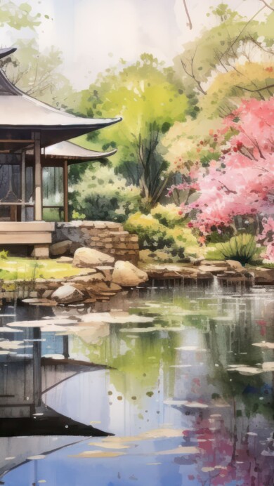 Imagine the tranquility of a serene Japanese garden portrayed in a watercolor style through this AI-generated 4K wallpaper. It encapsulates a peaceful ambiance, perfect for high-resolution displays, evoking the essence of a traditional Japanese garden in an artistic form.