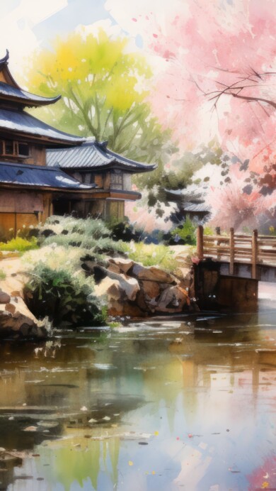 Immerse yourself in the tranquility of a serene scene reminiscent of a Japanese watercolor painting in this AI-generated 4K wallpaper. Perfect for high-resolution displays, it captures a soothing and artistic visual ambiance.