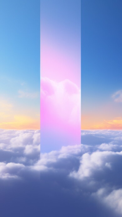 A surreal computer generated image showing a large geometric cube floating in the clouds against a blue sky backdrop. Abstract shapes and clouds surround the cube creating a dreamlike atmosphere.