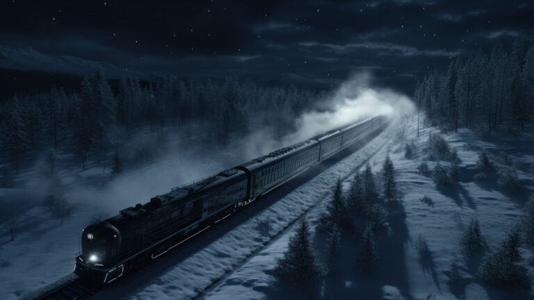 An immersive 4K wallpaper portraying a train journeying through a mystical snow-covered forest enveloped in darkness. The train's path cuts through the snowy landscape, surrounded by towering trees laden with snow, evoking a sense of adventure and mystery.