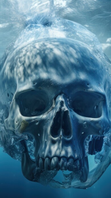 An intriguing 4K wallpaper featuring an AI-generated skull submerged in an underwater scene. The skull's presence amidst vibrant aquatic life creates an eerie yet captivating visual.