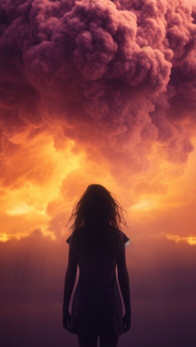 An evocative 4K wallpaper depicting a lone woman standing amidst the intensity of a nuclear explosion. Her silhouette faces the cataclysmic event, emphasizing the juxtaposition of vulnerability and strength in the face of chaos.