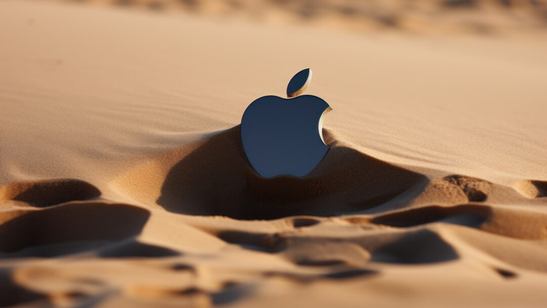 A minimalist and creative 4K wallpaper featuring the iconic Apple logo elegantly etched in the sand through AI generation. The digital art showcases precision and simplicity, making it a visually pleasing choice for your desktop or mobile.