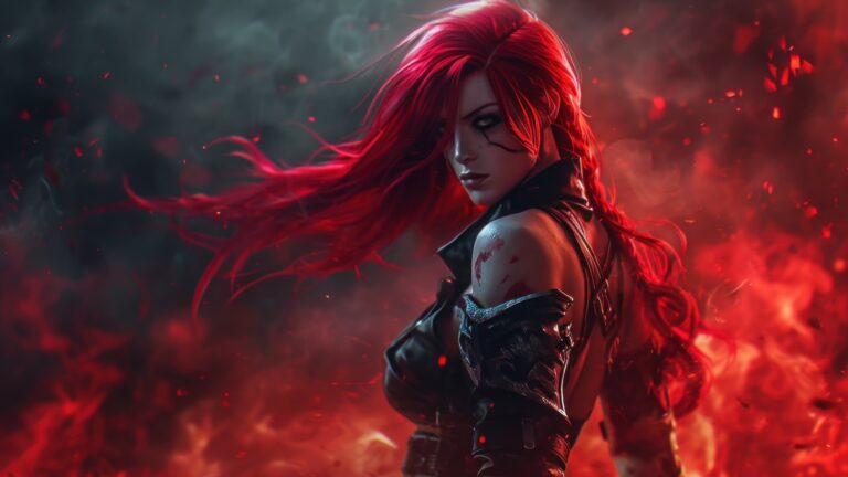 A mesmerizing 4K wallpaper featuring Katarina from League of Legends, skillfully brought to life through AI generation. The artwork captures the fierce essence of this gaming character in high resolution, making it an ideal choice for your desktop or mobile wallpaper.