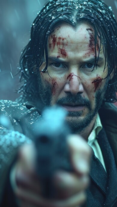 A captivating 4K wallpaper featuring Keanu Reeves in a winter setting, brought to life through AI generation. The actor is portrayed amidst a snowy landscape, creating a cinematic and atmospheric scene.