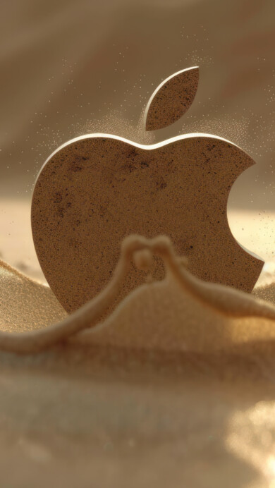 A minimalist 4K wallpaper featuring the iconic Apple logo delicately etched in sand through AI-generated precision. The simplicity of the design, with the recognizable Apple logo against a sandy backdrop, makes it a sophisticated and artistic choice for your desktop or mobile wallpaper.