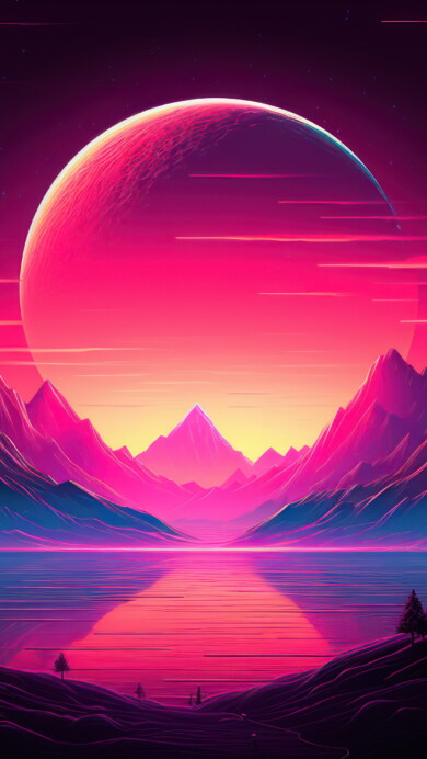 A mesmerizing 4K wallpaper presents a nostalgic retrowave scene where the sun sets over majestic mountains, with hues of warm colors casting a vibrant glow across the landscape.