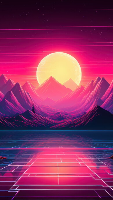 A mesmerizing 4K wallpaper, featuring an AI-generated retrowave sunset over majestic mountains. The vibrant colors and nostalgic synthwave vibes create a visually stunning and immersive experience, making it an ideal choice for your desktop or mobile wallpaper.