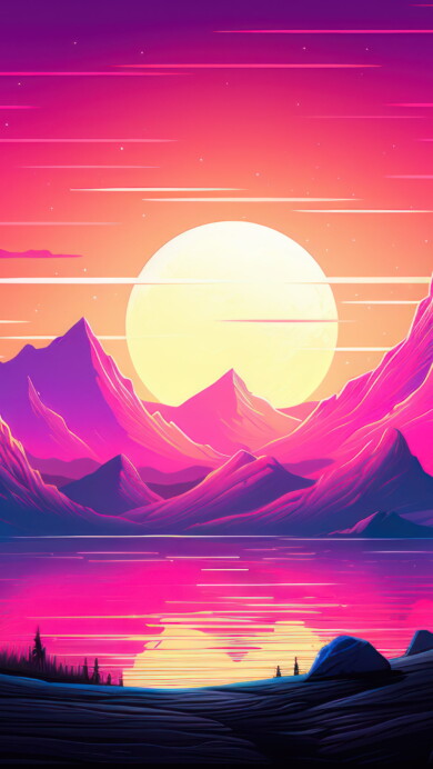 A mesmerizing 4K wallpaper featuring a breathtaking sunset over majestic mountains, infused with retrowave aesthetics through AI generation. The vibrant hues of the sun cast a nostalgic glow on the landscape, creating a synthwave-inspired scene that is perfect for both desktop and mobile wallpapers.