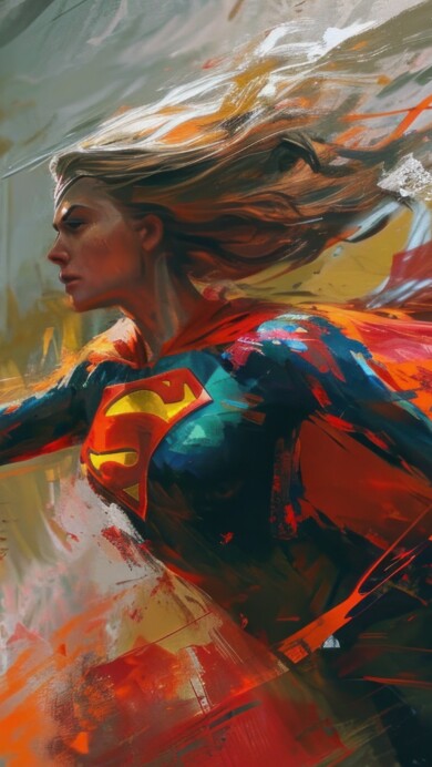 A powerful 4K wallpaper showcasing AI-generated splash art of Supergirl, the iconic superhero, in vibrant and dynamic detail. The digital artwork features striking colors and a sense of action, making it an ideal choice for your desktop or mobile wallpaper, bringing the essence of comic-inspired energy to your screen.