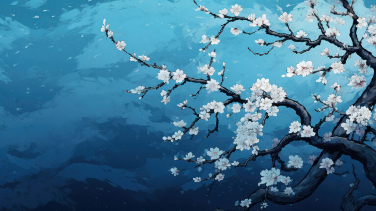 Transform your screen into a serene masterpiece with this AI-generated 4K wallpaper featuring a blue cherry blossom Japanese painting. Perfect for high-resolution displays, the digital art composition captures the tranquility and elegance of traditional Japanese art, creating a visually captivating experience for your device.