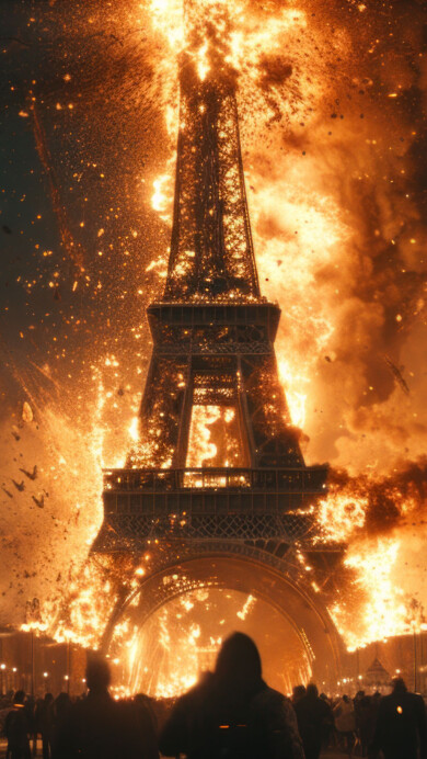 Witness the haunting beauty of an AI-generated 4K wallpaper featuring a surreal scene of the Eiffel Tower bathed in a disastrous burning glow. Although not a direct representation, this digital art composition captures the essence of Parisian allure and adds a touch of mystery to your high-resolution displays.