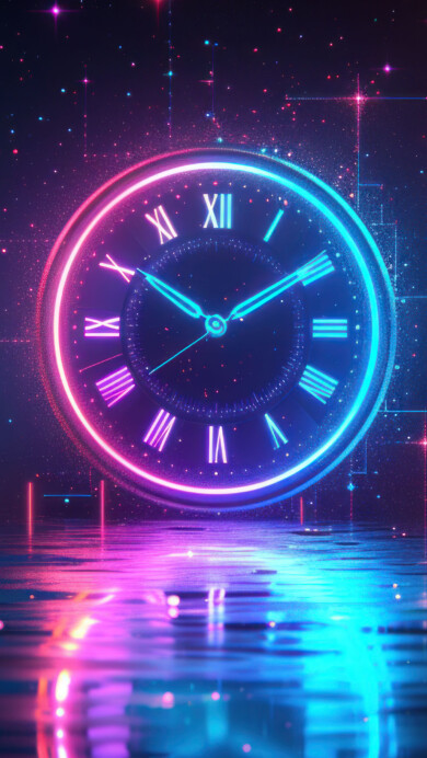 Immerse yourself in the vibrant glow of time with this AI-generated 4K wallpaper featuring a neon glowing clock. Perfect for high-resolution displays, the digital art composition adds a touch of modernity and sophistication, creating a visually striking and futuristic atmosphere for your device.