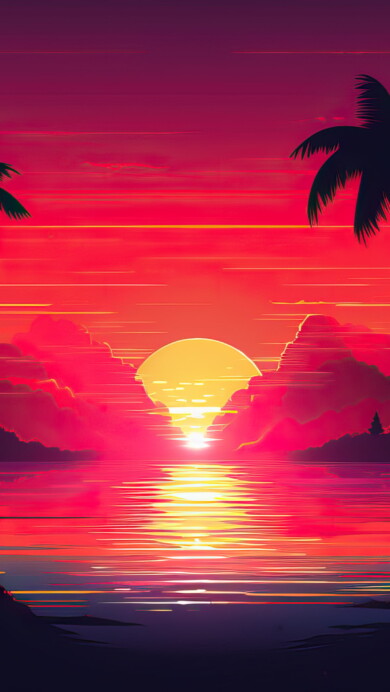 A mesmerizing 4K wallpaper captures the tranquility of dusk with palm silhouettes against a breathtaking sunset sky in this AI-generated masterpiece. The warm hues and delicate shadows create a serene tropical atmosphere, making it an ideal choice for elevating your desktop or mobile background with artistic flair.