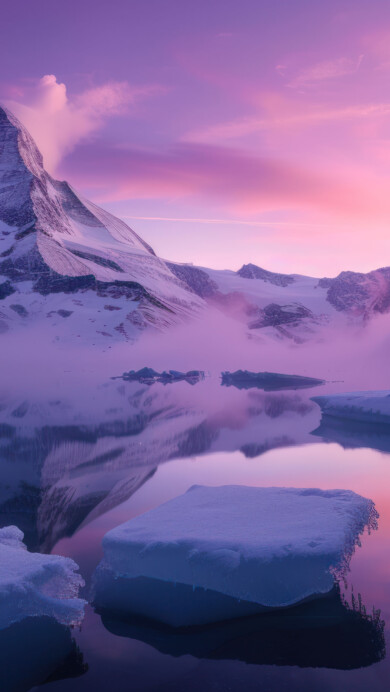 Immerse yourself in the tranquil beauty of this AI-generated 4K wallpaper, capturing the essence of a sunset over frozen floating ice. Perfect for high-resolution displays, the digital art composition creates a serene and visually captivating atmosphere, offering a moment of peace and wonder on your screen.