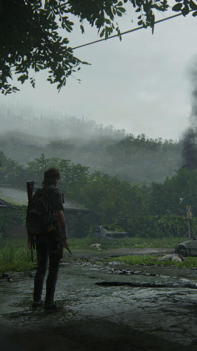 A mesmerizing 4K wallpaper featuring Ellie from The Last of Us Part 2, set against a post-apocalyptic backdrop.