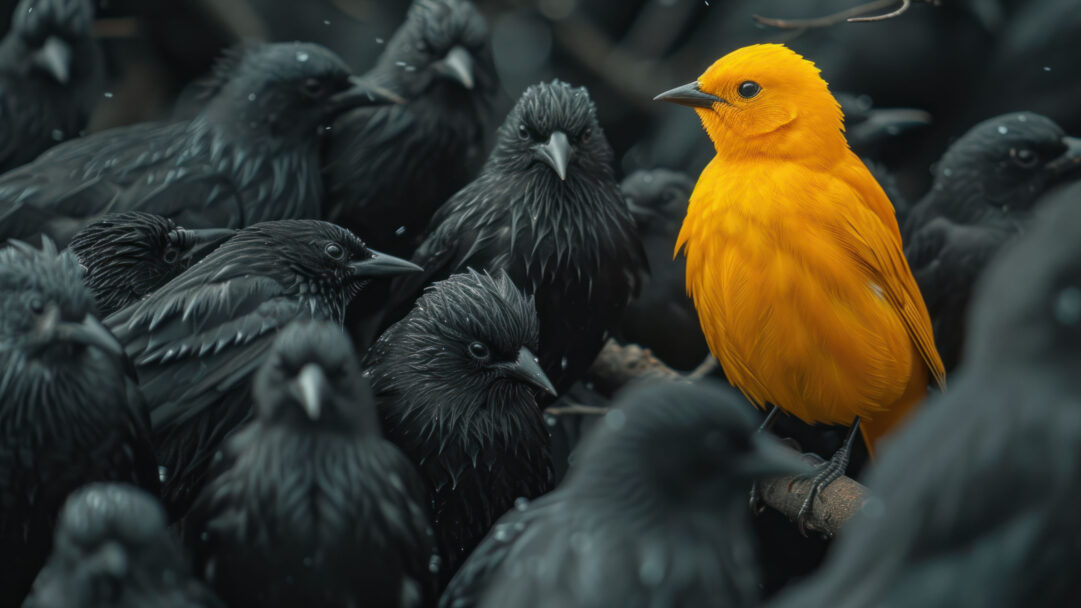 Experience the striking contrast of a lone yellow bird surrounded by a flock of crows in this AI-generated 4K wallpaper. Although not a direct representation, the digital art composition captures the unique beauty of a vibrant bird standing out among its monochromatic counterparts, perfect for high-resolution displays.
