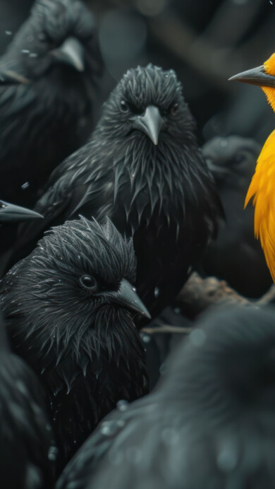 Experience the striking contrast of a lone yellow bird surrounded by a flock of crows in this AI-generated 4K wallpaper. Although not a direct representation, the digital art composition captures the unique beauty of a vibrant bird standing out among its monochromatic counterparts, perfect for high-resolution displays.