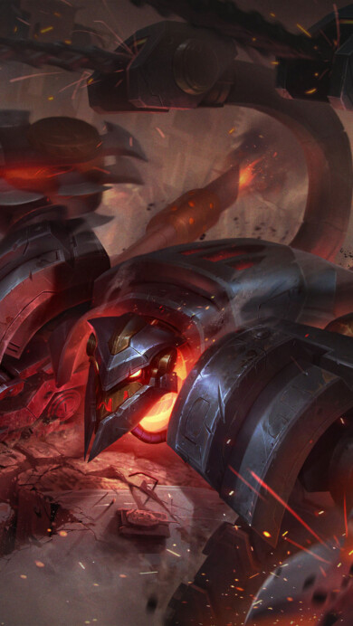 A mesmerizing 4K wallpaper presenting the revamped Battlecast Skarner skin in League of Legends. Skarner, the mechanical juggernaut, dominates the scene with his imposing presence, adorned in futuristic Battlecast armor amidst a backdrop of technological chaos, embodying strength and determination within the world of League of Legends.