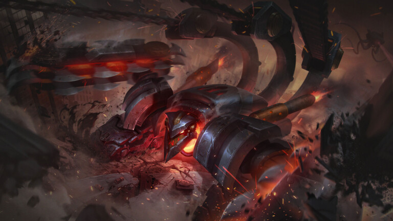 A mesmerizing 4K wallpaper presenting the revamped Battlecast Skarner skin in League of Legends. Skarner, the mechanical juggernaut, dominates the scene with his imposing presence, adorned in futuristic Battlecast armor amidst a backdrop of technological chaos, embodying strength and determination within the world of League of Legends.