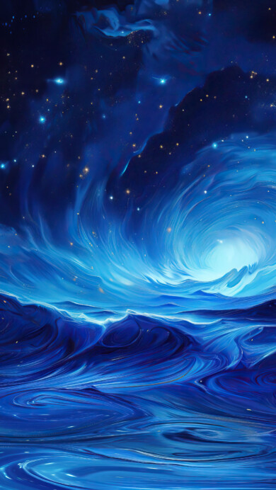 A mesmerizing 4K wallpaper captures the essence of celestial beauty with vibrant blue hues swirling in wave-like patterns reminiscent of galaxies in deep space. This captivating digital artwork evokes a sense of wonder and awe as it depicts cosmic waves amidst a star-studded galaxy, making it an ideal choice to adorn your desktop or mobile screen.