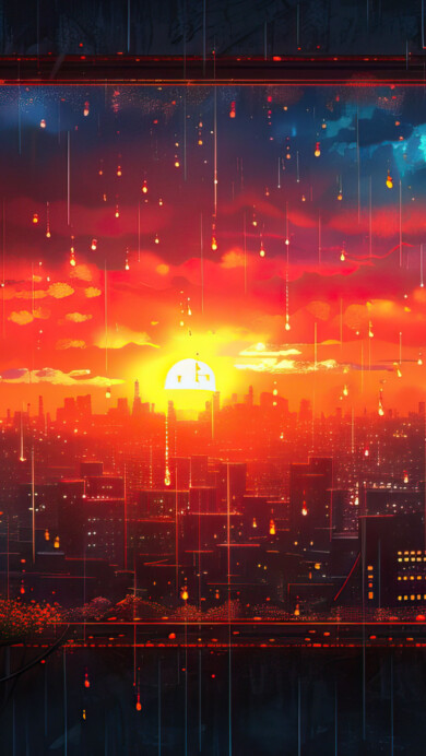 A breathtaking 4K PC wallpaper captures the essence of a dramatic city sunset, painting the urban skyline in warm hues of orange and gold against a twilight sky. The silhouette of the cityscape stands against the radiant glow of the setting sun, creating a captivating scene perfect for adorning your desktop background.