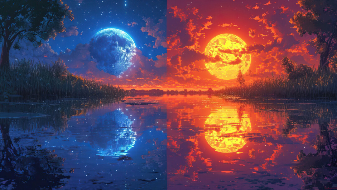 A breathtaking 4K PC wallpaper capturing the serene beauty of a moonlit night and fiery sunset. The contrasting elements of the calm moonlit sky and the vibrant hues of the setting sun create a captivating landscape, making this wallpaper an exquisite choice for your desktop background.