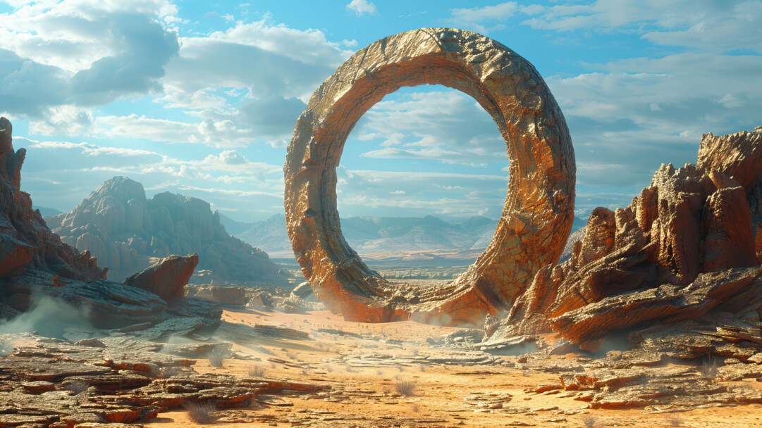 A mesmerizing 4K wallpaper presents a mystical desert gateway, shrouded in enigmatic allure. Towering sand dunes stretch into the distance beneath a vast, swirling sky.