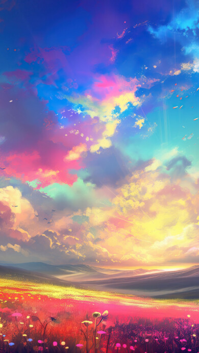 A mesmerizing 4K wallpaper unfolds, featuring a breathtaking scene of rainbow-colored clouds hovering above lush flower fields, all brought to life through AI generation.