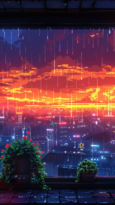 A mesmerizing 4K wallpaper unfolds a rainy sunset cityscape, meticulously generated by AI. The urban landscape glows under the soft hues of the setting sun, with raindrops adding a touch of drama.