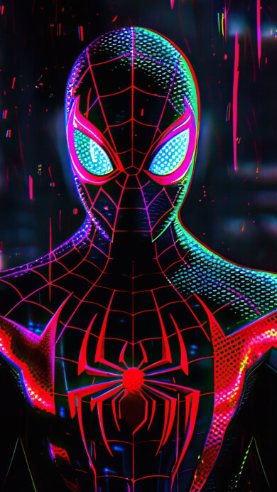 A captivating 4K PC wallpaper showcasing Spider-Man in a vibrant neon glow. The superhero's dynamic pose takes center stage against a bold background, creating a visually striking and high-resolution digital art piece