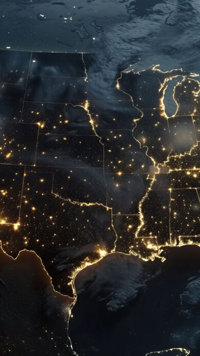 A mesmerizing 4K wallpaper presents an AI-generated satellite view of the USA at night, capturing the vibrant city lights and urban landscape from a celestial perspective. This digital artwork showcases the intricate patterns of cityscapes, offering a futuristic and captivating backdrop for your desktop or mobile device.