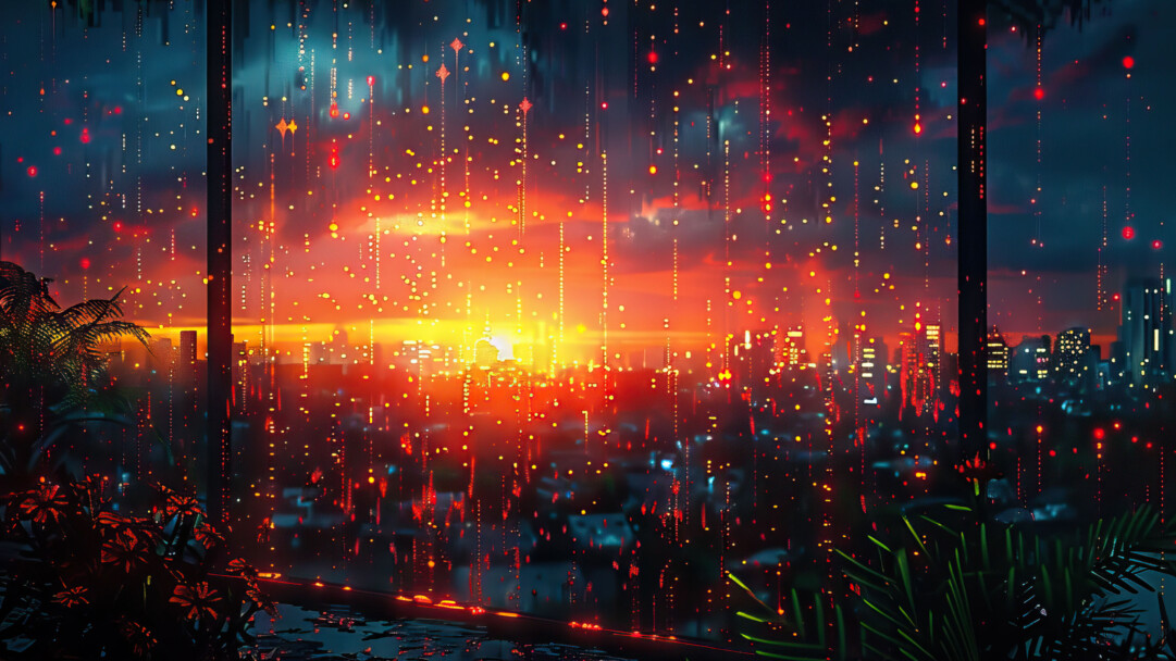 A mesmerizing 4K PC wallpaper captures the ambiance of an evening city view through a wet window. The raindrops on the glass create a beautifully distorted perspective of the urban landscape, providing an atmospheric and immersive experience.