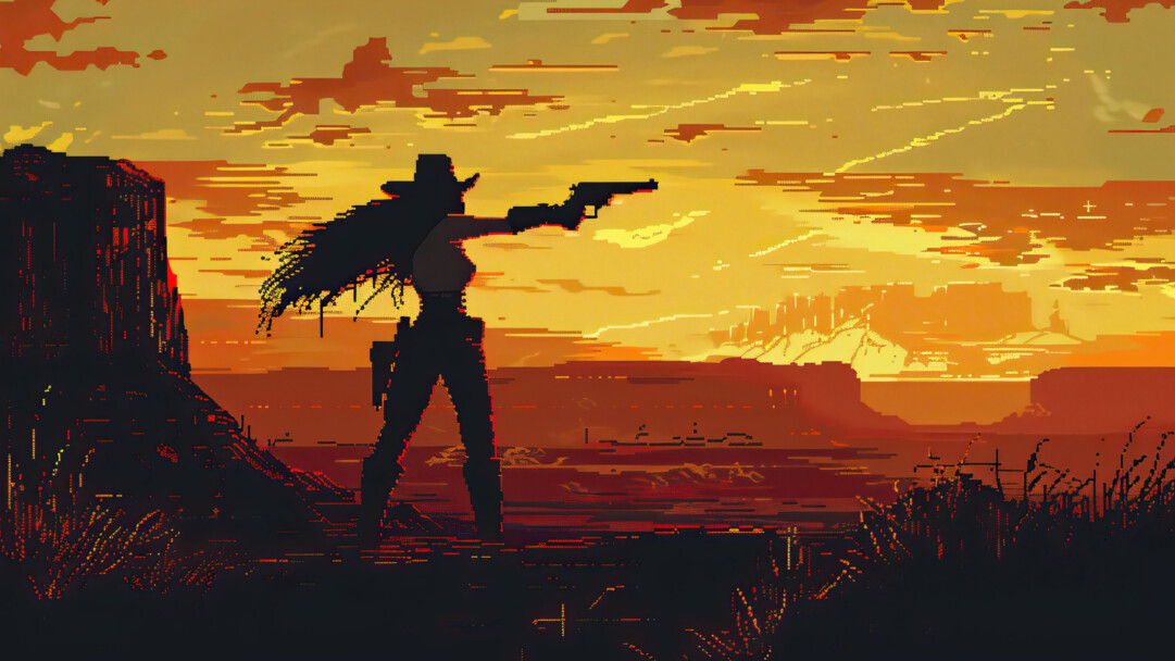 A captivating 4K wallpaper features a silhouette of a fierce cowgirl against the backdrop of a Wild West landscape at sunset.