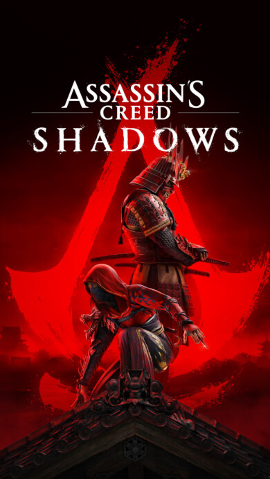 A captivating 4K wallpaper featuring Assassin's Creed Shadows, showcasing a hooded assassin in a crouched position alongside a stoic samurai. The background is dominated by a striking red Assassin's Creed emblem, creating an atmosphere of mystery and tension.