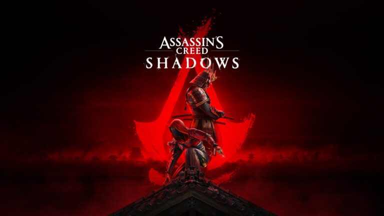 A captivating 4K wallpaper featuring Assassin's Creed Shadows, showcasing a hooded assassin in a crouched position alongside a stoic samurai. The background is dominated by a striking red Assassin's Creed emblem, creating an atmosphere of mystery and tension.