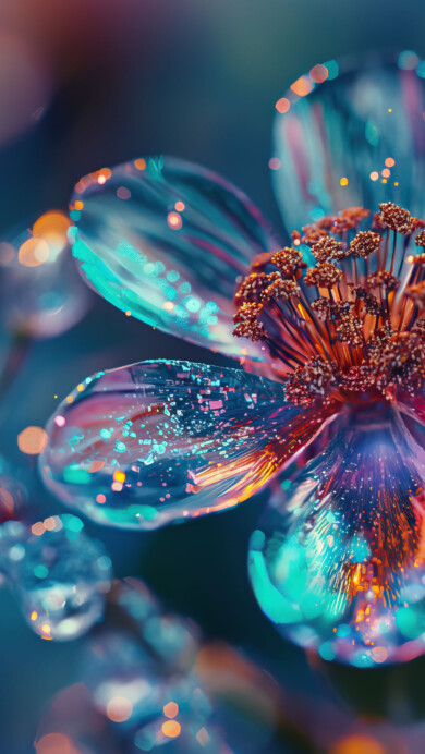 A stunning 4K wallpaper featuring a close-up of a vibrant flower adorned with colorful water droplets. The macro photography captures the intricate details and bokeh effect, creating a mesmerizing visual experience. Ideal for setting as your desktop or mobile wallpaper.