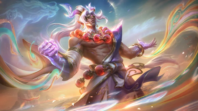 A breathtaking 4K wallpaper featuring the Divine Heavenscale Lee Sin skin from League of Legends. Lee Sin, the Blind Monk, is showcased in his divine form, adorned in celestial armor, radiating an aura of heavenly power and grace within the mystical realm of the game.