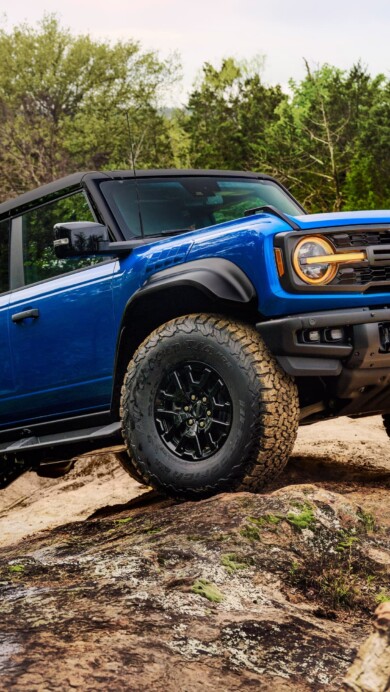 A captivating 4K wallpaper featuring the Ford Bronco Raptor, an iconic off-road SUV, navigating rugged terrain with ease.