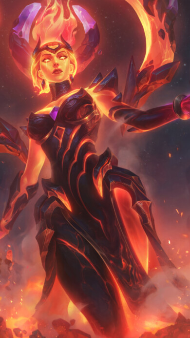 A stunning 4K wallpaper featuring the Infernal Karma skin from League of Legends. Karma, the Enlightened One, is depicted with blazing infernal flames, showcasing her powerful and fiery transformation in the vivid and fantastical world of League of Legends.