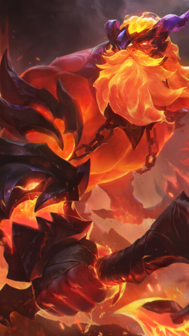 A stunning 4K wallpaper featuring the fearsome Infernal Olaf skin from League of Legends. Olaf, the Berserker, is depicted engulfed in blazing flames and wielding his fiery axes, showcasing his unstoppable fury and the intense heat of the Infernal skin line.