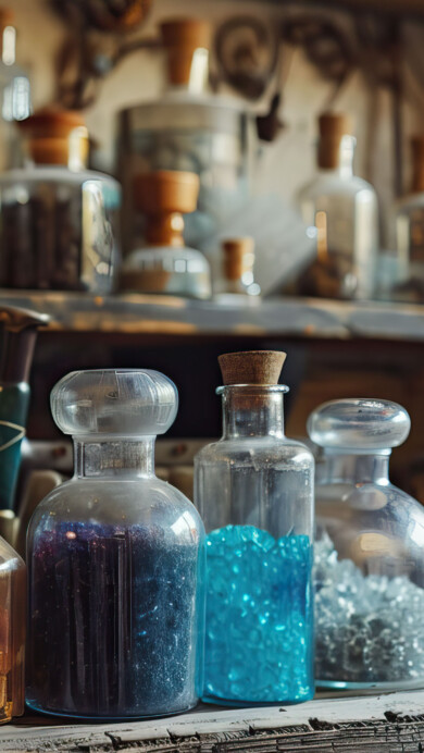 captivating 4K wallpaper featuring an alchemist's lab filled with potion bottles. The scene captures the magical ambiance of a mystical laboratory, with shelves lined with colorful potions and intricate alchemical equipment, perfect for a fantasy-themed desktop or mobile background.