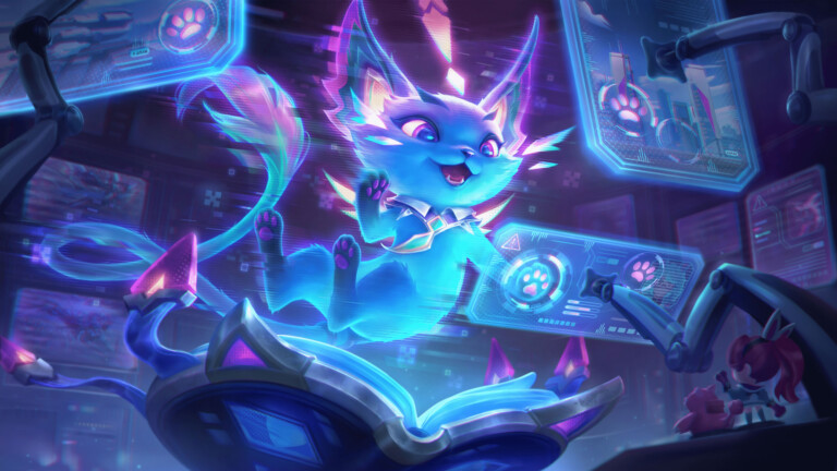 A stunning 4K wallpaper featuring the futuristic Cyber Cat Yuumi skin from League of Legends. Yuumi, the magical cat, is transformed into a cybernetic marvel, adorned with neon accents and digital enhancements, amidst a vibrant cyberpunk cityscape, showcasing her mystical prowess in the digital realm of League of Legends.