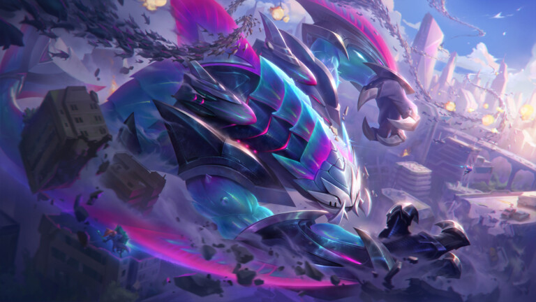 A breathtaking 4K wallpaper featuring the Primordian Rek’Sai skin from League of Legends. Rek’Sai, the Void Burrower, is depicted in her new primal form, showcasing her menacing and otherworldly appearance, ready to dominate the battlefield with her terrifying presence.