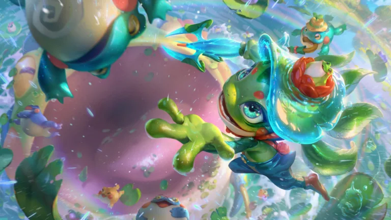 A stunning 4K wallpaper featuring the Rain Shepherd Fizz skin from League of Legends. Fizz, the mischievous aquatic trickster, is depicted guiding rain with his magical staff, surrounded by an ethereal downpour in the enchanting world of League of Legends.