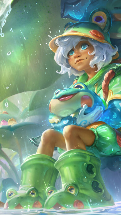 A stunning 4K wallpaper featuring the Rain Shepherd Milio skin from League of Legends. Milio, the gentle healer, is depicted with his rain-themed attire, surrounded by calming raindrops and an aura of serene magic, bringing a sense of peace and tranquility to the vibrant world of League of Legends.