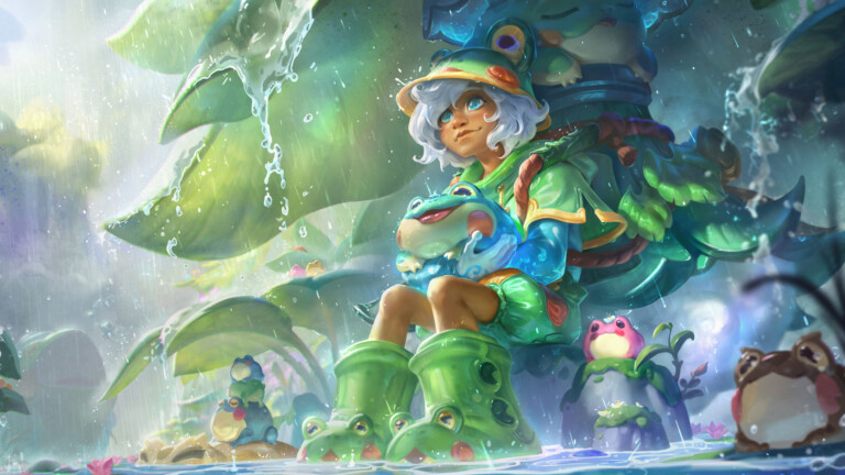 A stunning 4K wallpaper featuring the Rain Shepherd Milio skin from League of Legends. Milio, the gentle healer, is depicted with his rain-themed attire, surrounded by calming raindrops and an aura of serene magic, bringing a sense of peace and tranquility to the vibrant world of League of Legends.
